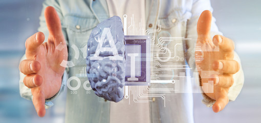 Poster - business man holding artificial intelligence icon with half brain and half circuit 3d rendering