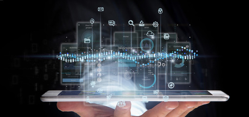 Poster - Businessman holding User interface screens with icon, stats and data 3d rendering