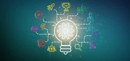 Poster - Bulb lamp idea concept with start up icon connected 3d rendering