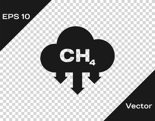 Grey Methane emissions reduction icon isolated on transparent background. CH4 molecule model and chemical formula. Marsh gas. Natural gas. Vector Illustration