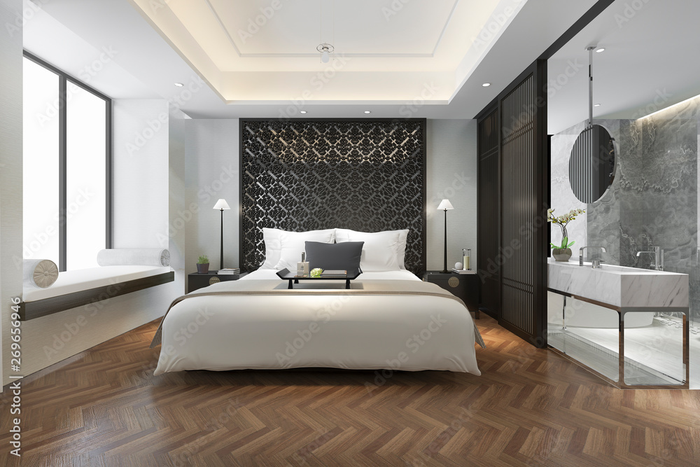 3d rendering modern luxury chinese bedroom suite in resort with bathroom - obrazy, fototapety, plakaty 