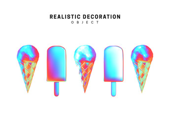 Ice cream set, on stick and cone, gradient, pink and blue. Realistic elements isolated on white background.