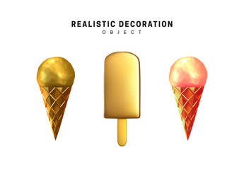 Poster - Ice cream set, on stick and cone. Realistic elements isolated on white background.