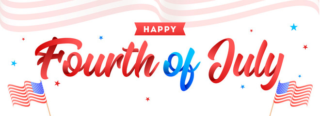 Sticker - Calligraphy of Fourth Of July and wavy American Flags on white background. Can be used as header or banner design.