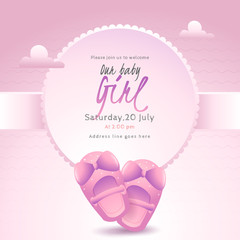 Poster or invitation card design with baby shoes and event details on glossy pink background for Baby Girl.