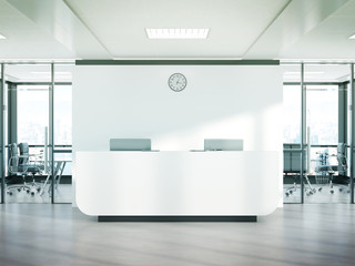 Poster - Blank white reception desk in concrete office with large windows Mockup 3D rendering