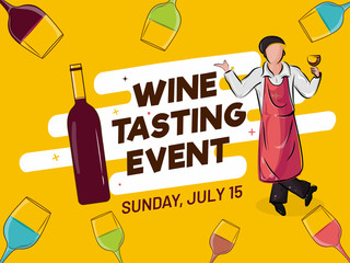 Poster - Advertising poster or banner design with illustration of bar waiter, wine bottle and drink glass decorated yellow background for Wine Tasting Event concept.