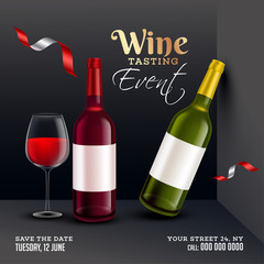 Poster - Front view of realistic wine bottles with drink glass on black background for Wine Tasting event or party celebration banner or poster design.