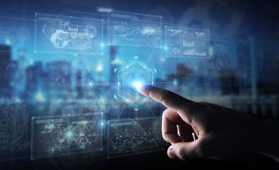Aufkleber - Businessman using digital technological interface with datas 3D rendering