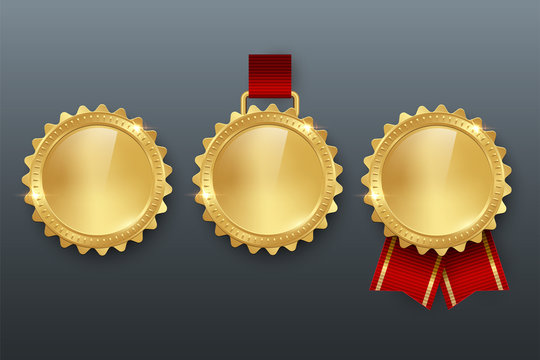 Award golden medals with different ribbons 3d realistic vector color illustration on gray background