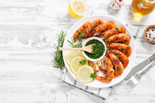 Grilled Tiger Shrimp With Parsley Sauce And Lemon.