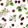 A blooming branch of apple tree in spring watercolor. Hand drawn apple tree branches and cherry seamless pattern. Perfect for wallpaper, fabric design, textile design, cover, surface textures.