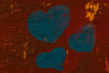 Three Blue Hearts On The Red Wall / Valentines Day