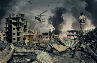 Military forces & helicopters at destroyed city 