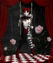 Young Clown And Surreal Roses On A Red Stage