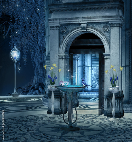 Cuadros en Lienzo Magic passage with a fountain in a blue night scenery