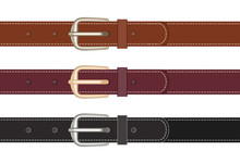 Set Of Leather Belts With Buttoned Buckles Isolated On White Background. Vector Illustration Of Straps Black And Brown In Cartoon Flat Style.