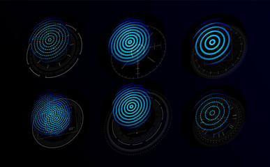 Aufkleber - Futuristic holograms with graphic fingerprints. Blue icons set for personal identification systems based on fingerprints or retina. Logo teplate for digital security system. Vector illustration.