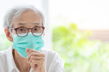 Asian Senior Woman Suffer From Cough With Face Mask Protection,elderly Woman Wearing Face Mask Because Of Air Pollution,Sick Old People With Medical Mask;concept Of Pollution,dust Allergies And Health