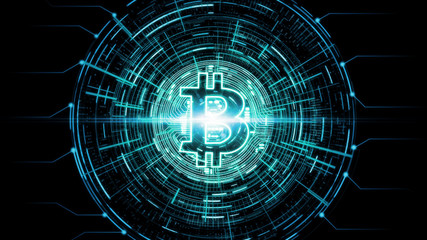 Poster - 3d rendering of futuristic modern glowing bitcoin (btc) led logo hologram hover over blue scifi back