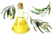 yellow olive bottle and olive branches with olives and leaves. watercolor illustration on white background. book of recipes, menus, cafes, restaurants. Healthy food and diet