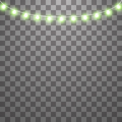 Wall Mural - Christmas lights isolated on transparent background. Set of green xmas glowing garland. Vector illustration