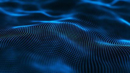 Wavy surface with many connected dots and lines. Abstract futuristic background. 3D rendering.