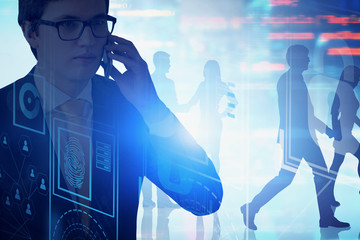 Poster - Man in glasses on phone, online security concept