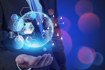 Poster - Man hand with planet hologram, social connection