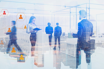 Poster - Business people in office, social media icons