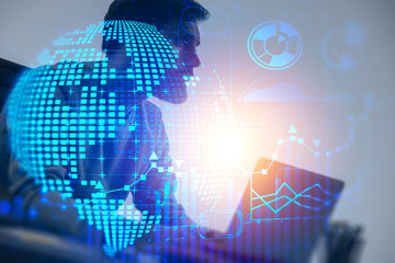 Poster - Man with laptop, global business infographics