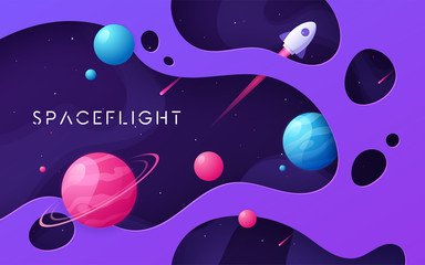 Wall Mural - Colorful cartoon outer space background, design, banner, artwork. 