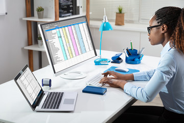 Poster - Businesswoman Analyzing Data On Computer