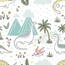 Doodle Dinosaur Pattern. Seamless Textile Dragon Print, Trendy Childish Fabric Background, Cartoon Dinosaurs. Vector Graphic Background Sketch
