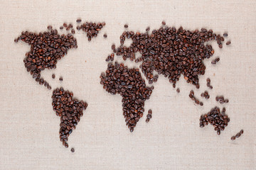  World map from coffee beans on linen canvas