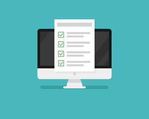Poster - Computer and application or test with checklist form with green checkmark. Paper document with checkbox on page.