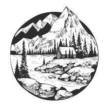 Wild Natural Landscape With Mountains, Lake, Pines, Rocks. Hand Drawn Illustration Converted To Vector.