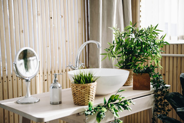 Lots of modern potted evergreen artificial plants used in interior decoration in bathroom