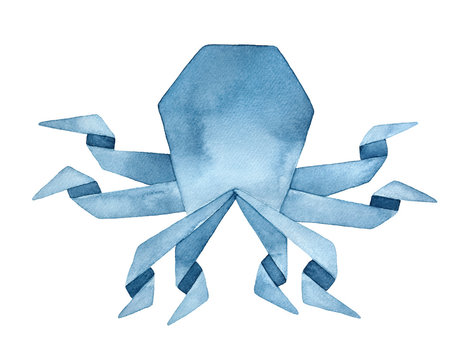 Dark blue Origami Octopus watercolour illustration. Symbol of logic, protection, flexibility, creativity. Handdrawn water color graphic drawing on white background, cutout clipart element for design.
