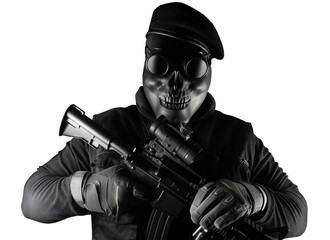 Wall Mural - Isolated soldier in skull mask, glasses and beret face front view.