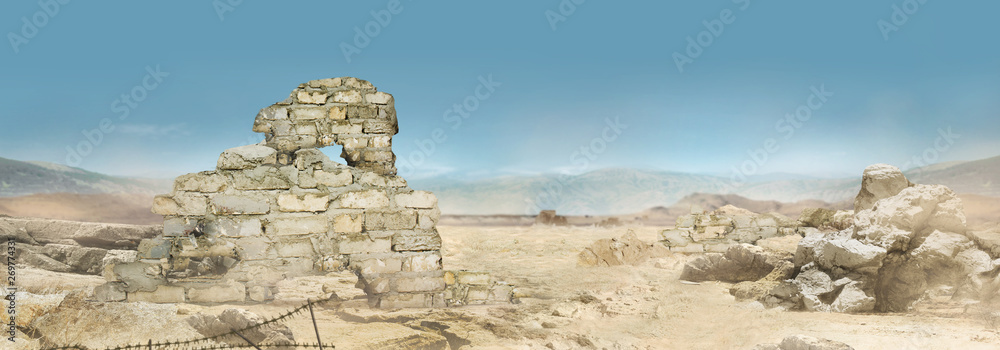 Landscape photo of a desert wasteland battlegrounds. - obrazy, fototapety, plakaty 