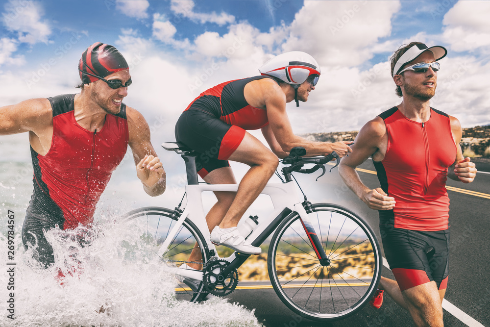 Triathlon swim bike run triathlete man training for ironman race concept. Three pictures composite of fitness athlete running, biking, and swimming in ocean. Professional cyclist, runner, swimmer. - obrazy, fototapety, plakaty 