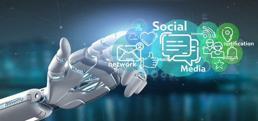 Cyborg holding a cloud of social media network icon