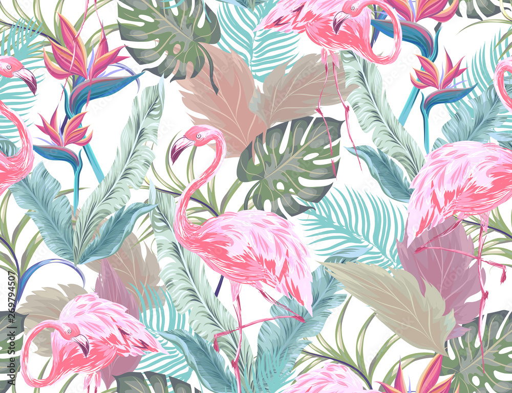 Tropical seamless pattern with pink flamingo, exotic flowers and leaves ...