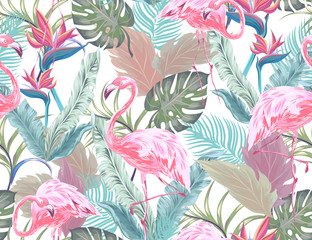 tropical seamless pattern with pink flamingo, exotic flowers and leaves. vector patch for wallpapers