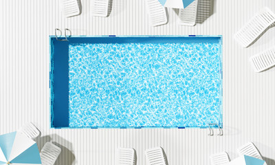 Wall Mural - Top view Swimming pool with beach umbrella and chairs. Summer concept. 3d rendering