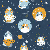 Creative childish seamless pattern with cute kitten and planets