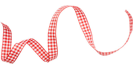 Wall Mural - red check ribbon curl isolated on white background. Red plaid ribbon bow and curl isolated on white background