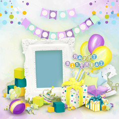 Wall Mural - frame for birthday photos. celebration of kid's birthday. painted birthday decorations on colorful b