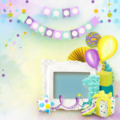 Wall Mural - frame for birthday photos. celebration of kid's birthday. painted birthday decorations on colorful b